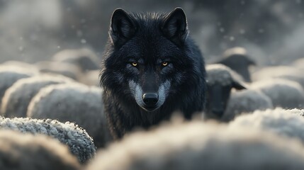 Obraz premium Black wolf blending quietly among innocent sheep, its presence barely noticeable, evoking mystery and hidden threat, foggy background, diffused dawn light, cinematic contrast with realistic textures,