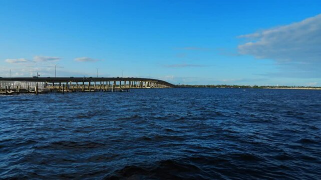 Bradenton, Florida, USA: 11 04 2024: Bridge over manatee river  and riverwalk of bradenton 