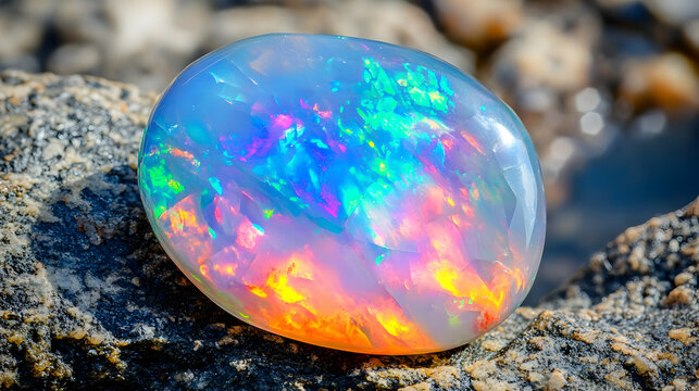 A polished opal gemstone showcasing a breathtaking display of neon colors with a smooth, cabochon-cut surface