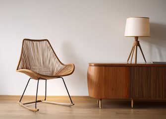 minimalist furniture vignette in a modern space with simple chair and sleek credenza sideboard and...