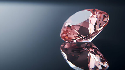 A gently tilted pink gemstone on a smooth surface, its facets catching light to create a soft, glowing effect