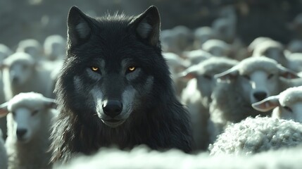 Close-up of a dark-furred wolf among pure white sheep, their wool contrasting sharply with the wolf&rsquo;s intense stare, focusing on individuality, misty background, subtle cinematic shadows,