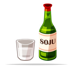 Soju bottle and glass korean alcoholic beverage vector isolated illustration