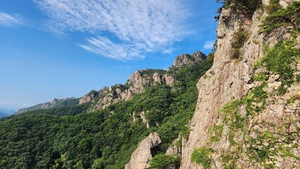 Beautiful scenic view of Daedunsan mountain with rocky mountains, South Korea. Hiking in Korea. Healthy Lifestyle and Hobbies