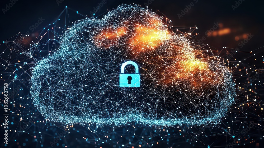 Wall mural cloud server protection. cloud server security. secure cloud storage represented by a digital lock.
