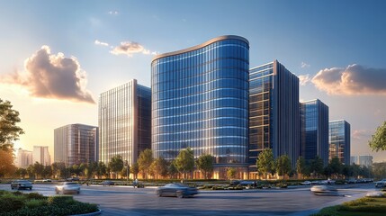 An abstract panoramic view presenting the grandeur of modern office buildings. The buildings stand tall with sleek and modern designs