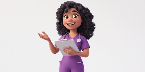 Cheerful Cartoon Nurse Holding a Clipboard and Gesturing