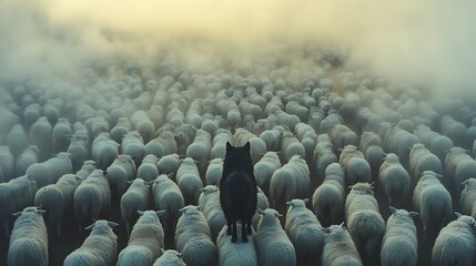 Obraz premium Drone perspective over a huge flock of white sheep with a black wolf at the center, its silhouette bold against the surrounding sheep, foggy morning enhancing the scene’s depth, cinematic shadows,