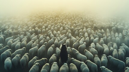 Fototapeta premium Drone perspective over a huge flock of white sheep with a black wolf at the center, its silhouette bold against the surrounding sheep, foggy morning enhancing the scene’s depth, cinematic shadows,