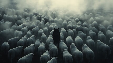 Obraz premium Drone perspective over a huge flock of white sheep with a black wolf at the center, its silhouette bold against the surrounding sheep, foggy morning enhancing the scene’s depth, cinematic shadows,