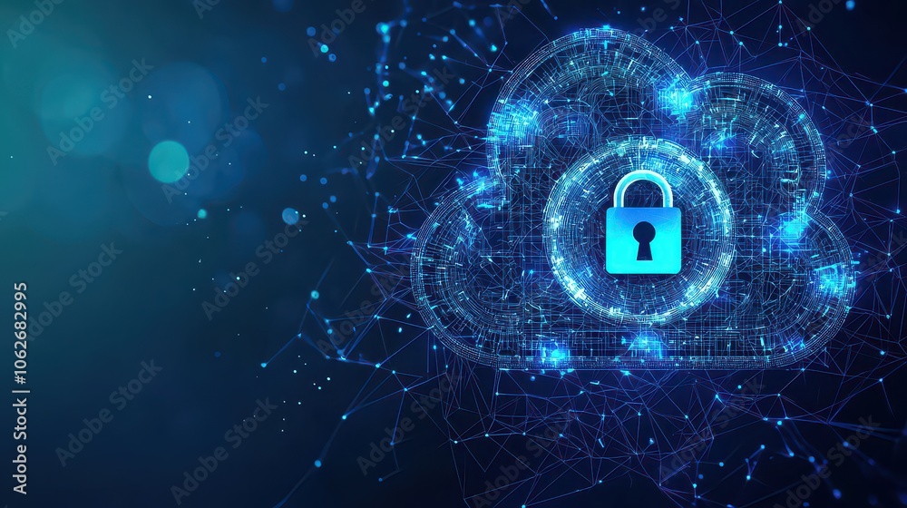 Wall mural cloud server protection. cloud server security. secure cloud storage represented by a digital lock.