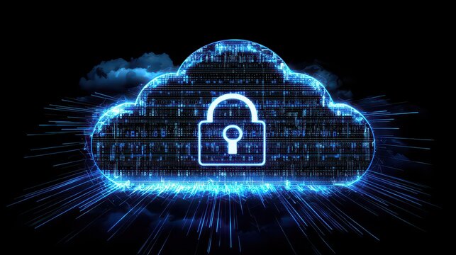 Cloud Server Protection. Cloud Server Security. Secure cloud storage represented by a digital lock.