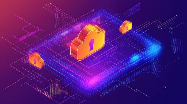 Cloud Server Protection. Cloud Server Security. Secure cloud storage represented by a digital lock.