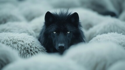 Naklejka premium Mysterious black wolf hiding in plain sight among oblivious white sheep, symbolizing stealth and danger, cinematic lighting casting soft shadows, gentle morning fog, high-definition texture,