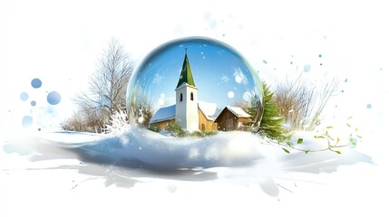 Naklejka premium A snow globe with a church and a house inside, surrounded by snow and wintery elements.