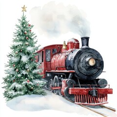 Vintage steam train with a Christmas tree, festive atmosphere, snowy background.