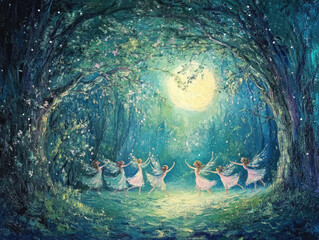 A moonlit dance of fairies in a mystical glade