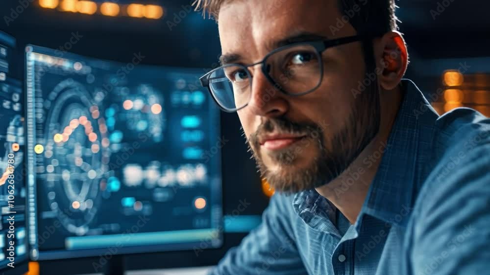 Poster focused programmer: a close-up portrait of a concentrated programmer with glasses, staring intently 