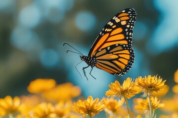 Fototapeta premium Butterfly Flying Over Yellow Flowers in Soft Focus