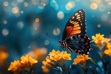 Colorful Butterfly Flying Over Yellow Flowers