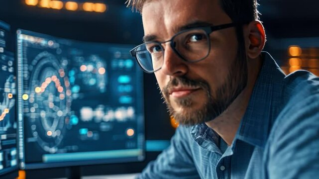 Focused Programmer: A close-up portrait of a concentrated programmer with glasses, staring intently at his computer screen, surrounded by a glowing digital dashboard.  