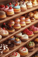 Artistic 3D render of freshly baked pastries displayed on a bakery rack.