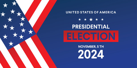 Presidential election USA 2024 banner with realistic national American flag on blue background. Voting day design for web banner, poster, flyer, post in social media. November 5. Vector illustration