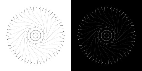 Abstract background with abstract line pattern in circles. Spiral art design as a logo or icon. A black figure on a white background and the same white figure on a black side. Mandala design with line