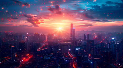 Fototapeta premium Intelligent Urban Network at Sunset