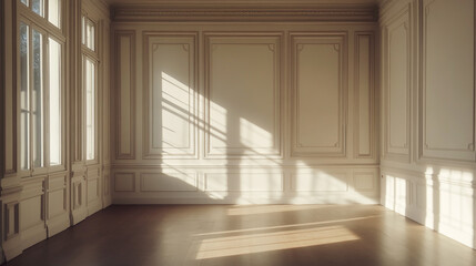 Obraz premium empty white room wall with shadow and light from windows, white interior background, luxury empty interior room with white door. traditional style of old Viennese architecture.