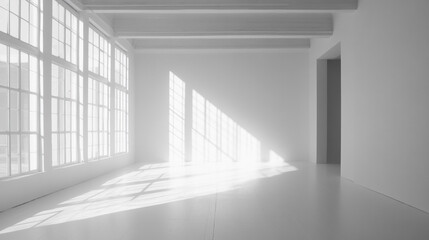 A serene empty wooden chair on a pristine mat in a dimly lit room with subtle warm tones and soft shadows., Empty grey panoramic living room interior.