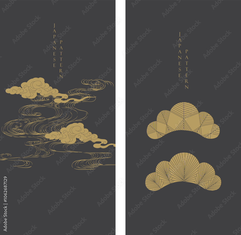 Wall mural japanese background with line ocean sea and bonsai tree pattern vector. abstract template with geome