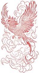 Fototapeta premium A majestic red phoenix rising amidst swirling clouds.