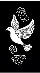 Fototapeta premium Elegant white bird with wings spread, surrounded by stylized clouds on a black background.
