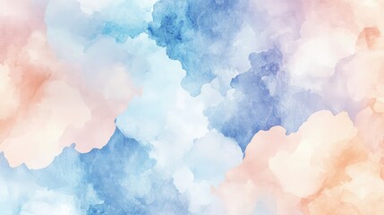 Fototapeta premium Soft pastel watercolor texture blending shades of sky blue, peach, and light lavender, creating a serene summer banner template with flowing cloud-like forms.