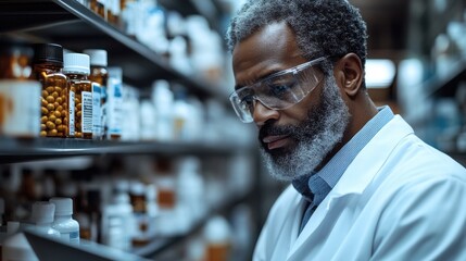 A pharmacist in a lab coat and safety glasses carefully examining a bottle of medicine on a shelf.