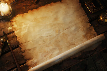 Ancient Parchment on Historic Desk with Faint Candlelight, Blank Center