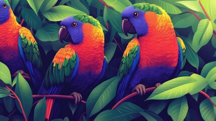 Colorful Parrots Among Green Leaves