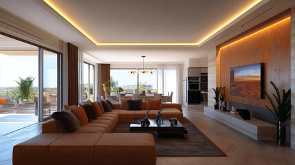 Beautiful living room interior in new luxury home with open concept floor plan. Modern interior japandi style design livingroom.