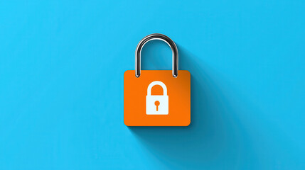 Fototapeta premium bright orange padlock icon on blue background symbolizes security