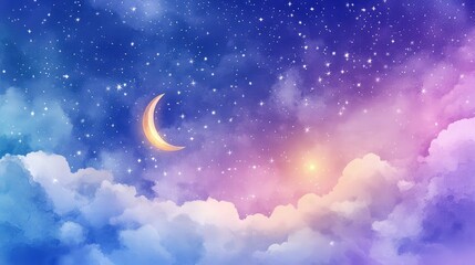 Naklejka premium Watercolor night sky with misty clouds, a glowing crescent moon in the background, and stars sparkling softly on a gradient from purple to deep blue.