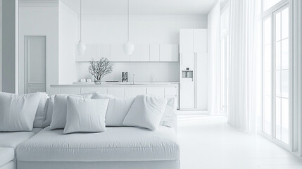 Stylish white living room interior with gray sofa mock up, modern interior background, Mockup design for poster on living room. Brutal interior style. 