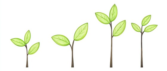 Four green leaves growing on slender stems, white isolate background.