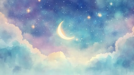 Dreamy watercolor sky painted in soft blues and purples with glowing stars and a crescent moon shining through layers of semi-transparent clouds.