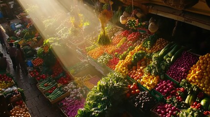 Vibrant Market Scene with Fresh Produce and Sunlight