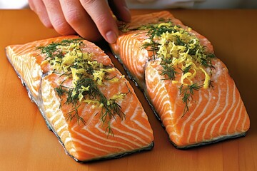 A chef seasoning salmon fillets with lemon zest and fresh dill, creating a fresh, vibrant flavor profile