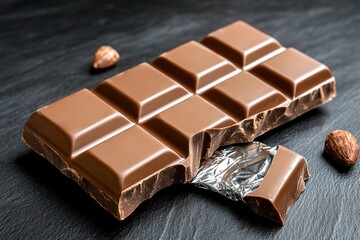 A chocolate bar partially unwrapped, with a silver foil peel, capturing indulgence and luxury