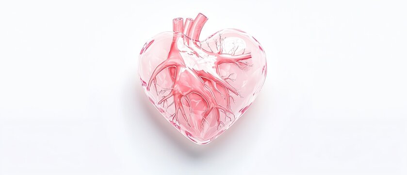 Transparent anatomical heart model on white isolated background.