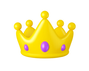 Golden Royal crown vector 3d icon. King or Queen cartoon crown with jewels isolated on white background. Emoji symbol of royalty or luxury