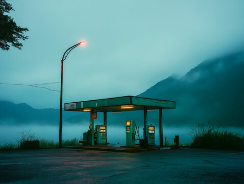 A deserted gas station illuminated by a single light, set against a misty mountain backdrop, evoking solitude and mystery